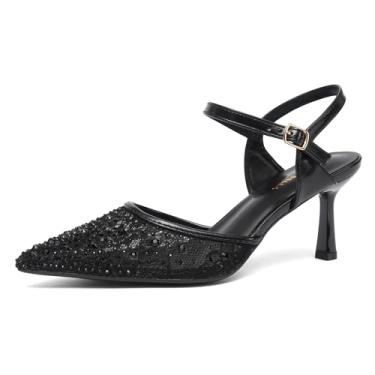 Imagem de NEWBELLA Salto alto feminino de strass stiletto de malha brilhante com bico fino e tira no tornozelo para casamento, festa, Preto, 41