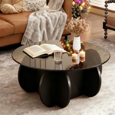 Imagem de Mesa de centro redonda de 69,8 cm com tampo de vidro e base de madeira – mesa central de sala de estar moderna, tampo de vidro temperado resistente e pernas de madeira maciça, fácil montagem, mesa de