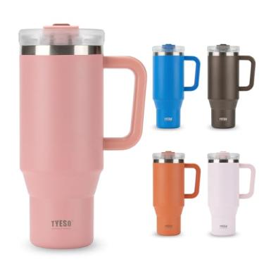 Imagem de TYESO Garrafa de água isolada a vácuo garrafa de aço inoxidável com isolamento a frio caneca com alça de canudo de parede dupla boca larga (rosa, 1,134 g)