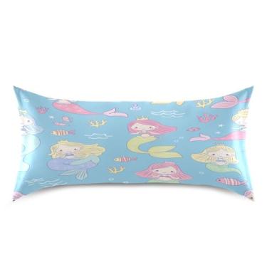 Imagem de Blueangle Linda fronha de cetim sereia para cabelo e pele, fronha de seda, tamanho king (50,8 x 101,6 cm) - Capas de almofada de cetim refrescantes com fecho de envelope (673)