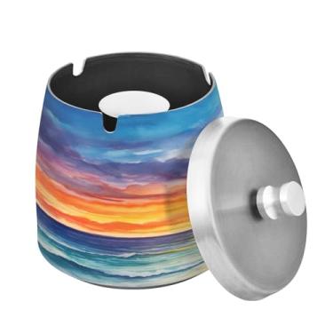 Imagem de Blueangle Cinzeiro Palm Beach Sunset com tampa para cigarros, à prova de vento/chuva, aço inoxidável, sem fumaça, inodoro, cinzeiro para uso interno ou externo (503)