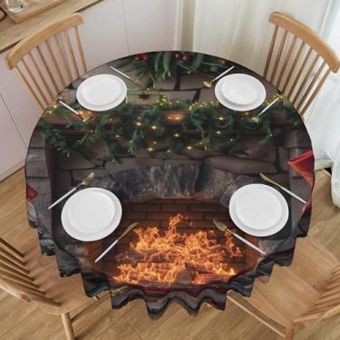 Imagem de Meias de Natal para lareira e toalha de mesa redonda, impermeável, lavável, 152 cm, capa de toalha de mesa circular, protetor de mesa para jantar, cozinha, festa, pátio, decoração interna e externa