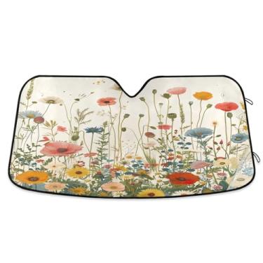 Imagem de ATTX Guarda-sol para para-brisas de carro com flores de ervas 134.6 cm x 59.7 cm Protetor solar universal com proteção UV, persiana de janela frontal automática dobrável para caminhões Sedans SUVs