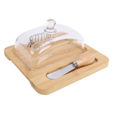 Imagem de Zerodis Prato de Manteiga de Madeira Conjuntos de Moinhos de Sal e Pimenta e Prato de Queijo Com Bancada de Fundo Plano Com Tampa de Vidro Transparente e Cortador de Aço Inoxidável para (Cor Madeira)