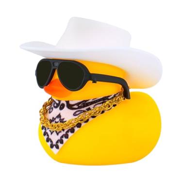 Imagem de wonuu Decoração de painel de carro chapéu de cowboy pato de borracha, ornamentos de patos de carro com mini chapéu colorido colar lenço de sol (branco)