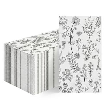 Imagem de Horaldaily 50 guardanapos decorativos de papel descartáveis, preto e branco, pintado à mão, flores silvestres, ervas, toalha de mão para festa, almoço, jantar, cozinha, banheiro