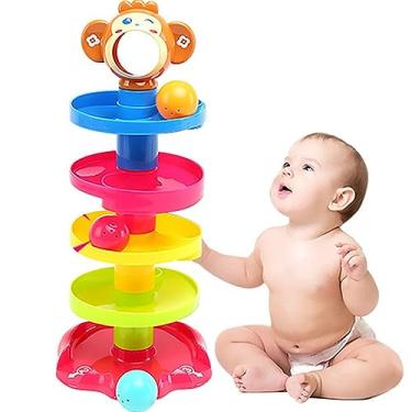 Imagem de Generic Torre Giratória de Bola de Plástico Durável de 5 Camadas Com Bolas de Rolo, Brinquedo de Rolamento Empilhado Colorido para Desenvolvimento de Cognição de Cor Infantil