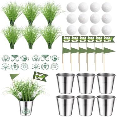 Imagem de Conjunto de 6 conjuntos de decoração de mesa de golfe inclui 6 baldes de ferro, 12 minigolfe, 60 grama, artificial, 12 bandeiras, centro de mesa para festa temática esportiva de aniversário