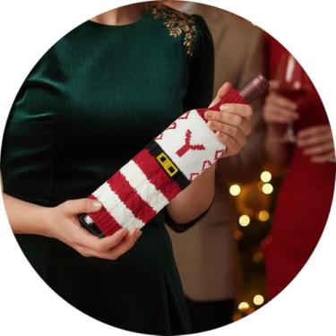 Imagem de Capa de garrafa de vinho, decoração de mesa de Natal engraçada para festas de fim de ano, manga de vinho de malha para troca de presentes, decoração de casa