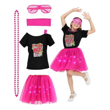 Imagem de Roupas infantis que iluminam os anos 80 para meninas - saia de tule, camiseta e kits, fantasia de estrela do rock dos anos 1980 do Dia das Décadas de 1980, rosa, M