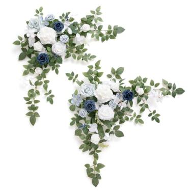 Imagem de Ling's moment 2 peças de guirlanda de flores artificiais azuis empoeiradas flores florais decoração de casamento guirlandas rosa arranjos de vegetação para decoração de mesa de coração/cabeça