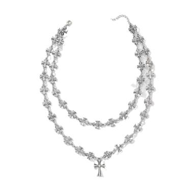 Imagem de VATN APPAREL Colar gótico vintage com pingente de cruz de aço inoxidável, unissex, prata, preto, dois tons, corrente esférica de 59,9 cm, cromada, estilo y2k, Regular, Aço inoxidável, Sem Pedra