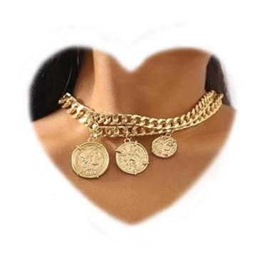 Imagem de RELOVET Colar de corrente grossa com pingentes de moeda, gargantilha de fio curto, prateado dourado para mulheres (ouro)