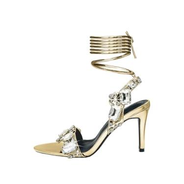 Imagem de Baffoloo Sandálias femininas de cristal transparentes com strass grandes - tornozelo com tiras pontiagudas 8,4 cm salto médio brilhante, Dourado, 37