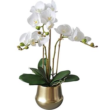 Imagem de LMJYU Flores artificiais orquídea artificial com conjunto de vaso, 3 cabeças Phalaenopsis branca, planta de flores de seda falsa, flor artificial