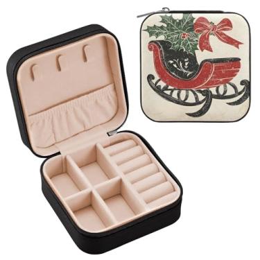 Imagem de Wassud Estojo de joias vintage para viagem de trenó de Natal para mulheres, meninas, senhoras, noiva, mini organizador de joias de couro PU, caixa quadrada de armazenamento de joias para brincos