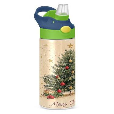 Imagem de YETTASBIN Garrafa de água de árvore de Natal para crianças, 340 g, à prova de vazamento, parede dupla, isolada, copo de viagem com tampa de canudo para meninas, meninos e crianças