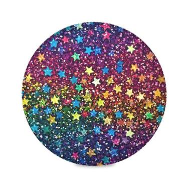 Imagem de xigua Jogo americano redondo com estrelas e cores arco-íris, conjunto de 1 para mesa de jantar, tapetes de mesa antiderrapantes laváveis e resistentes ao calor para decoração de festa, cozinha, jantar