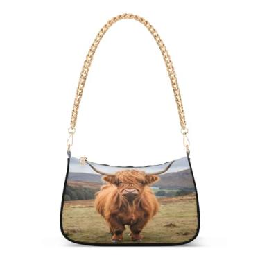 Imagem de CEBUGI Bolsas transversais femininas bolsa de ombro Highland Cow Bolsa clutch elegante com alça de corrente