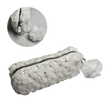 Imagem de Estojo Escolar Pelúcia Branco Glitter Estrelas Fofo com Pompom Lápis Caneta Material Aula Zíper