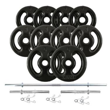 Imagem de Kit Anilhas Emborrachada PRETA 30kg + 2 Barras 40cm + 1 Barra 1,50m-Unissex