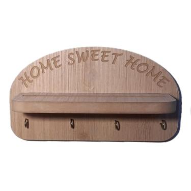Imagem de Porta-Chaves de Parede Decorativo com Prateleira, Home Sweet Home, 4 Ganchos, Madeira Escura (Carvalho)