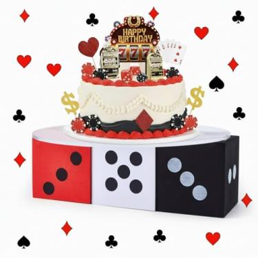 Imagem de Meanplan Caixa de dados para decoração de festa de cassino, suporte de bolo redondo de acrílico de 30 cm, suporte de bandeja de sobremesa preto e vermelho para artigos de festa de aniversário com tema