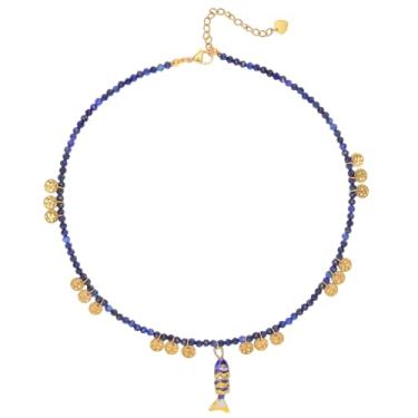 Imagem de Iswawo Colar feminino Boho com contas de peixe, corrente de contas de pedra natural, ouro 18 K, feito à mão, pingente de sardinha, charmoso, praia, havaiano, colares delicados, joias minimalistas