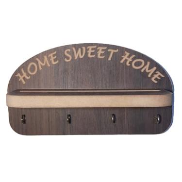 Imagem de Porta-Chaves de Parede Decorativo com Prateleira, Home Sweet Home, 4 Ganchos, Madeira Escura (Tabaco)