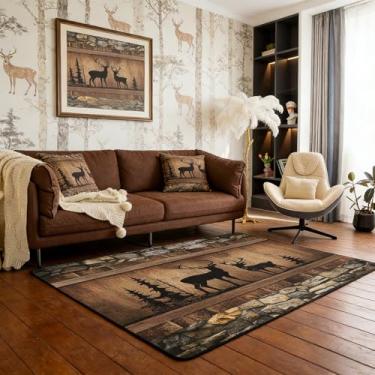 Imagem de Erosebridal Tapete de área de cervo de caça, tapete rústico para quarto, sala de estar, floresta, vida selvagem, antiderrapante, casa de fazenda, decoração de pedra de madeira, tapete de piso interno