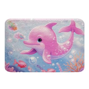 Imagem de Erosebridal Lindo conjunto de tapete de banheiro com golfinho rosa para crianças, meninas, meninos, animais do oceano, peixe marinho, decoração de banheiro, praia, litoral, criaturas subaquáticas,