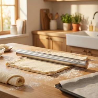 Imagem de Rolo de massa de aço inoxidável 304 para assar massa, fondant, torta de pizza, massa e biscoitos, rolo de metal resistente antiaderente fácil de limpar para cozinha doméstica e uso profissional, 30 cm