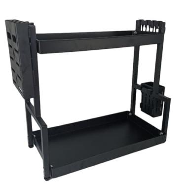 Imagem de Organizador Multiuso de Metal com 2 Andares, Preto, 45x22x41cm, Suporte para Temperos e Utensílios de Cozinha