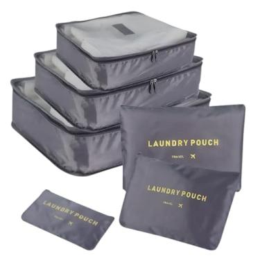 Imagem de Kit 6 Organizadores de Mala para Viagem com Bolsas e Sacos Tipo Caixa Pouch de Lavanderia Organiza Roupas Acessórios e Facilita o Transporte (Cinza)
