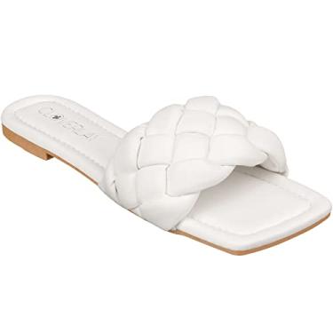 Imagem de CLOVERLAY Sandália feminina trançada, rasteira, bico quadrado, trançada, de faixa única, sem cadarço, Poliuretano branco, 40