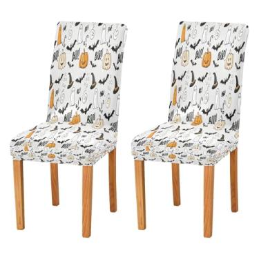 Imagem de Qilmy Conjunto de 4 capas elásticas para cadeira de jantar Halloween Boo, laváveis e removíveis, para sala de jantar, cozinha, hotel, banquete, festa, protetores de cadeira