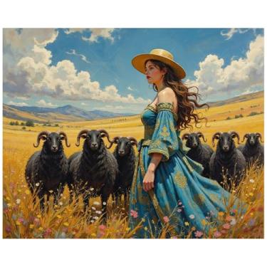 Imagem de Kit de pintura de ovelhas rurais por números para adultos - Faça você mesmo com pintura de ovelha negra e prado em tela 40,6 x 50,8 cm, conjunto de tinta acrílica, arte para decoração de casa ou