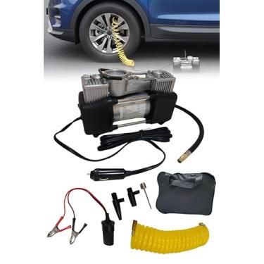 Imagem de Compressor de Ar Automotivo 12V, 2 Cilindros, 85 L/min, 150 PSI, com Manômetro, Cabo de Bateria, Mangueira Espiral Amarela e Bolsa de Transporte