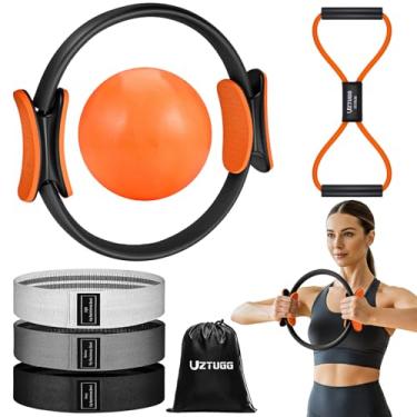 Imagem de UZTUGG Kit de equipamento de Pilates para mulheres, conjunto essencial de treino em casa 4 em 1 com anel de Pilates, faixas de resistência de tecido, faixa de resistência figura 8 e bola de Pilates