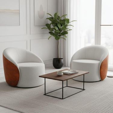 Imagem de Poltrona Sala Orgânica Kit 2 Lua Fixa Sintético Pu Nozes/bouclê D03 - D'rossi Cor Cinza