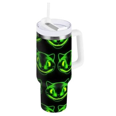 Imagem de ODAWA Copo isolado a vácuo grande com tampa e canudo, copo de café de viagem com cara de gato verde