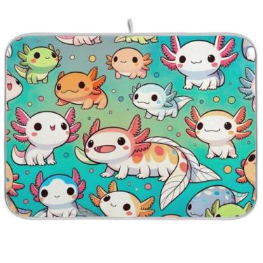 Imagem de Lindo tapete de secagem de pratos aqua Axolotls, 40,6 x 45,7 cm, almofada reversível, escorredor, absorvente para cozinha, balcão, decoração de casa