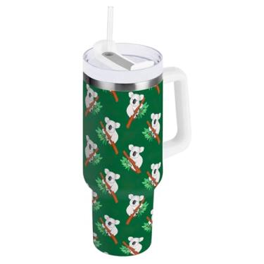 Imagem de Copo a vácuo verde com isolamento de folhas de coala grande com tampa e canudo com isolamento de queda