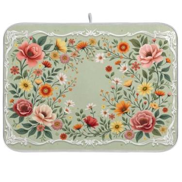 Imagem de Tapete floral verde para secar louça, 45 cm x 61 cm, tapete de microfibra para café, protetor de bancada de cozinha
