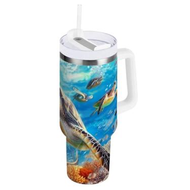 Imagem de Copo grande com isolamento de parede dupla, copo com isolamento duplo de tartarugas oceânicas com canudo e alça