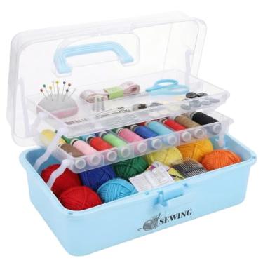 Imagem de Gdfjiy Caixa de costura, kit de costura de 3 camadas, caixa de armazenamento vazia, cesta de costura dobrável com tampa e alça, estojo de armazenamento de plástico transparente para suprimentos de