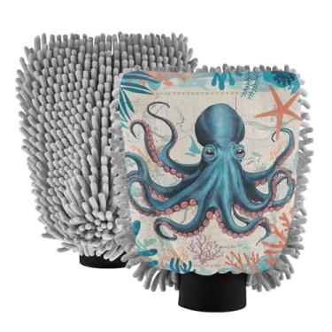 Imagem de ODAWA Luvas de lavagem de microfibra azul estrela do mar polvo para lavagem de carro, pacote com 2, luvas de lavagem de carro para canhão de espuma 20,5 cm x 30 cm