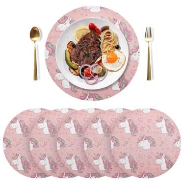Imagem de Conjunto de 6 jogos americanos de mesa de jantar de PVC duráveis com estrelas de unicórnio rosa, 38 cm, à prova de calor, para mesa de jantar