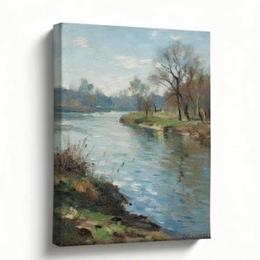 Imagem de Arte de parede em tela de paisagem, cena impressionista de rio tranquilo, impressão de pintura a óleo vintage, arte natural para sala de estar quarto escritório, presente de decoração de casa de