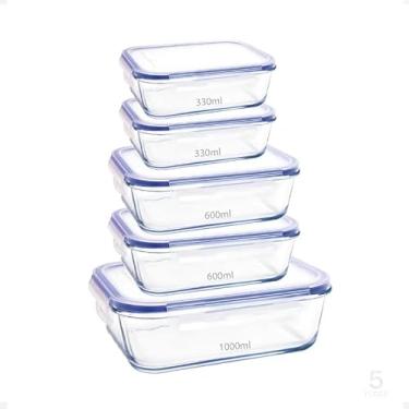 Imagem de Conjunto de 5 recipientes herméticos de vidro para guardar alimentos na geladeira, com tampas transparentes.